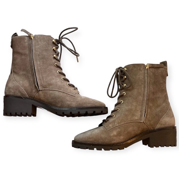 Tory Burch Suede Combat Lug Sole Lace Up Boots Nat River Rock Brown 85071 Gold - Picture 6 of 12